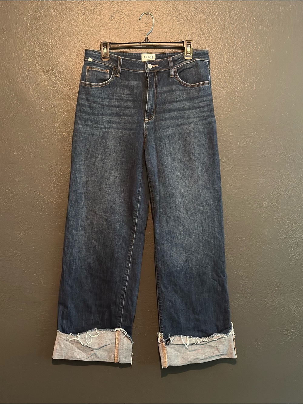 Ceros Dark Blue Wide-Leg Jeans with Cuffed Hem